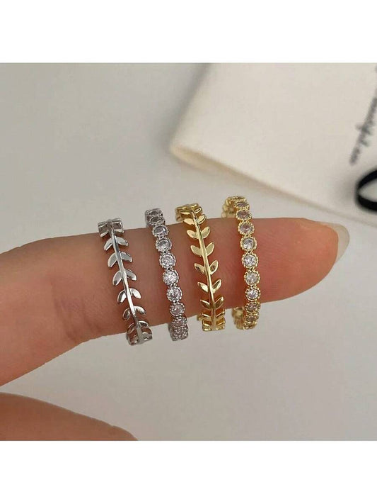 Conjunto de Anéis Femininos em Prata e Ouro com Design de Folhas e Zircônias