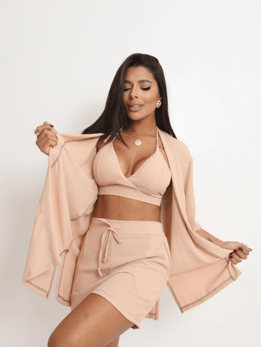 Conjunto Trio Verão Feminino Top, Shorts e Kimono