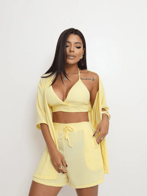 Conjunto Trio Verão Feminino Top, Shorts e Kimono