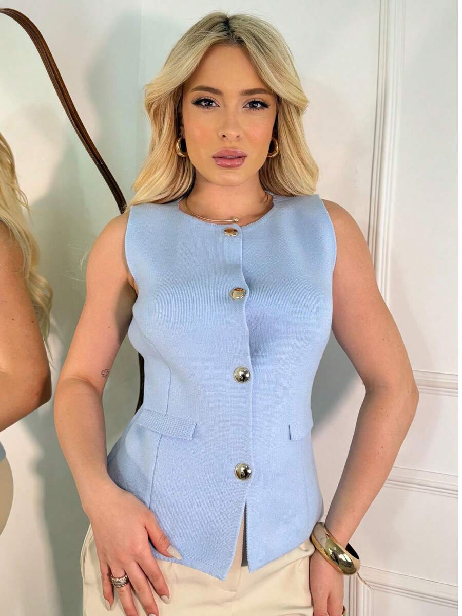 Colete Feminino de Alfaiataria em Modal com Botões Frontais