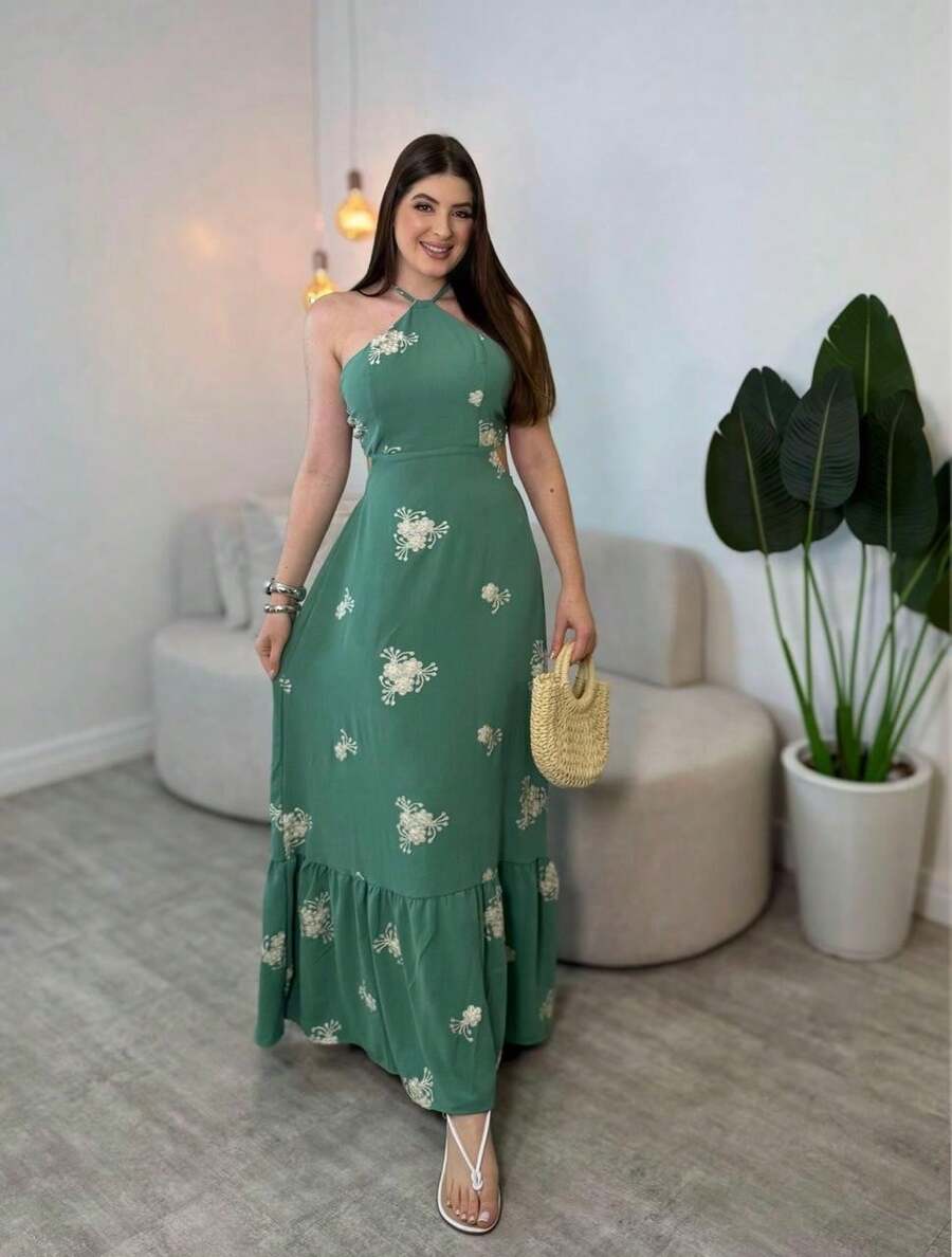 Vestido Feminino Longo Frente Única Estampado com Babado