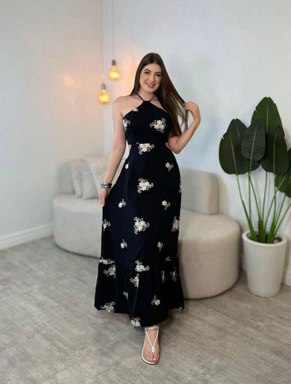 Vestido Feminino Longo Frente Única Estampado com Babado