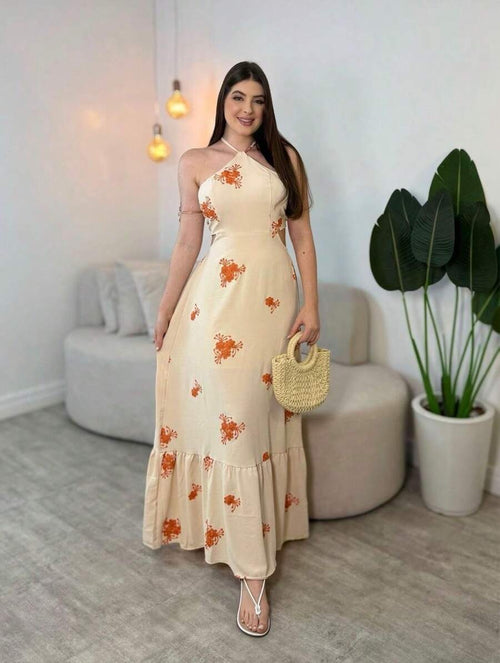 Vestido Feminino Longo Frente Única Estampado com Babado