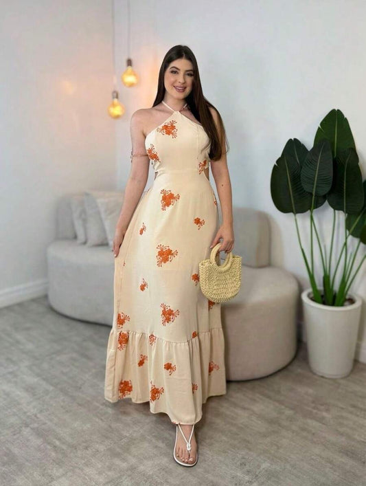 Vestido Feminino Longo Frente Única Estampado com Babado