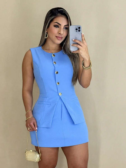 Conjunto Feminino Alfaiataria Elegante Colete e Short Saia