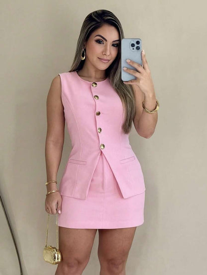 Conjunto Feminino Alfaiataria Elegante Colete e Short Saia