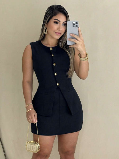 Conjunto Feminino Alfaiataria Elegante Colete e Short Saia