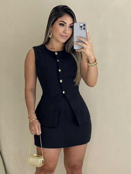 Conjunto Feminino Alfaiataria Elegante Colete e Short Saia