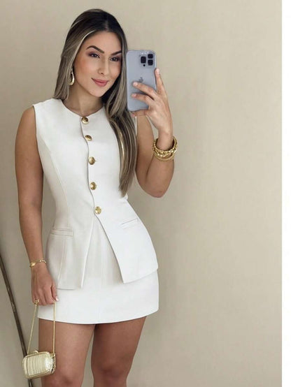Conjunto Feminino Alfaiataria Elegante Colete e Short Saia