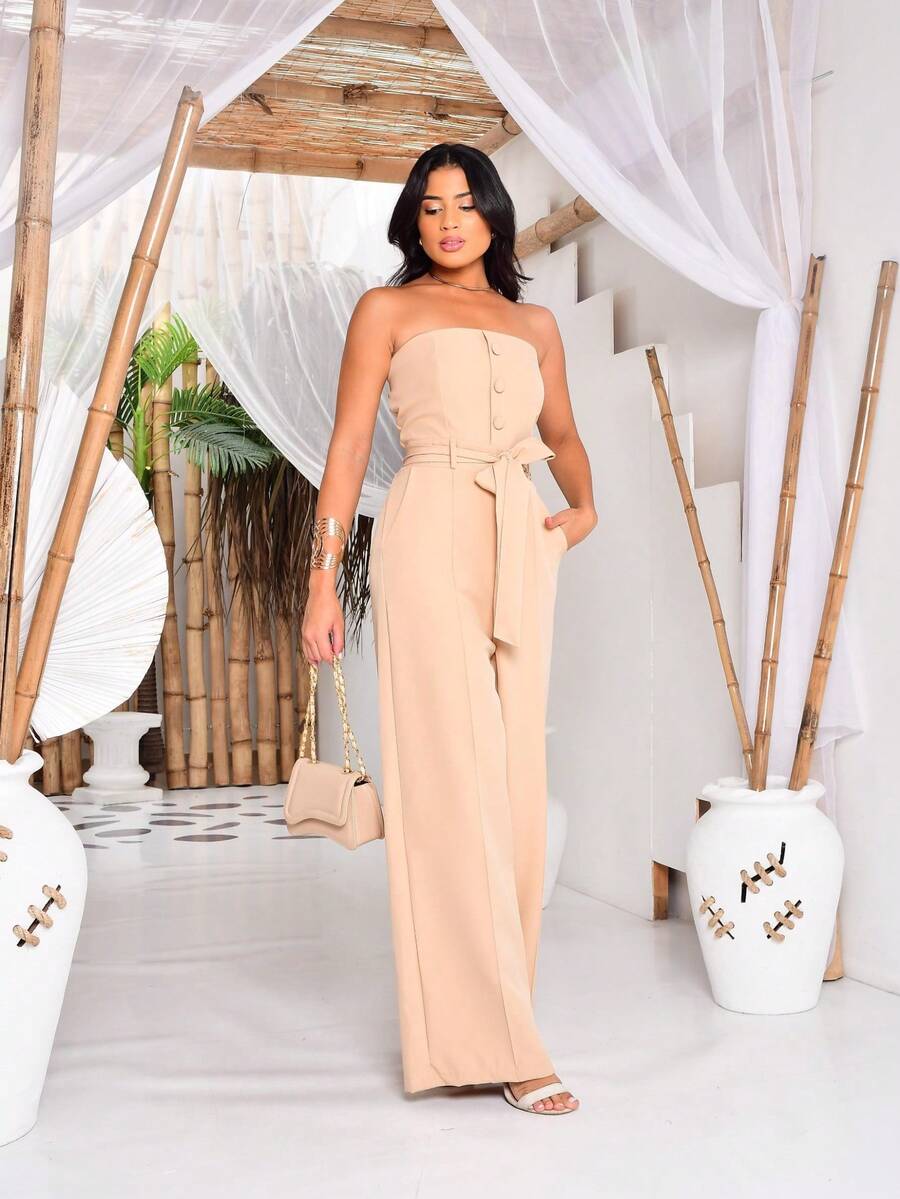 Macacão Feminino Alfaiataria Pantalona Tomara que Caia