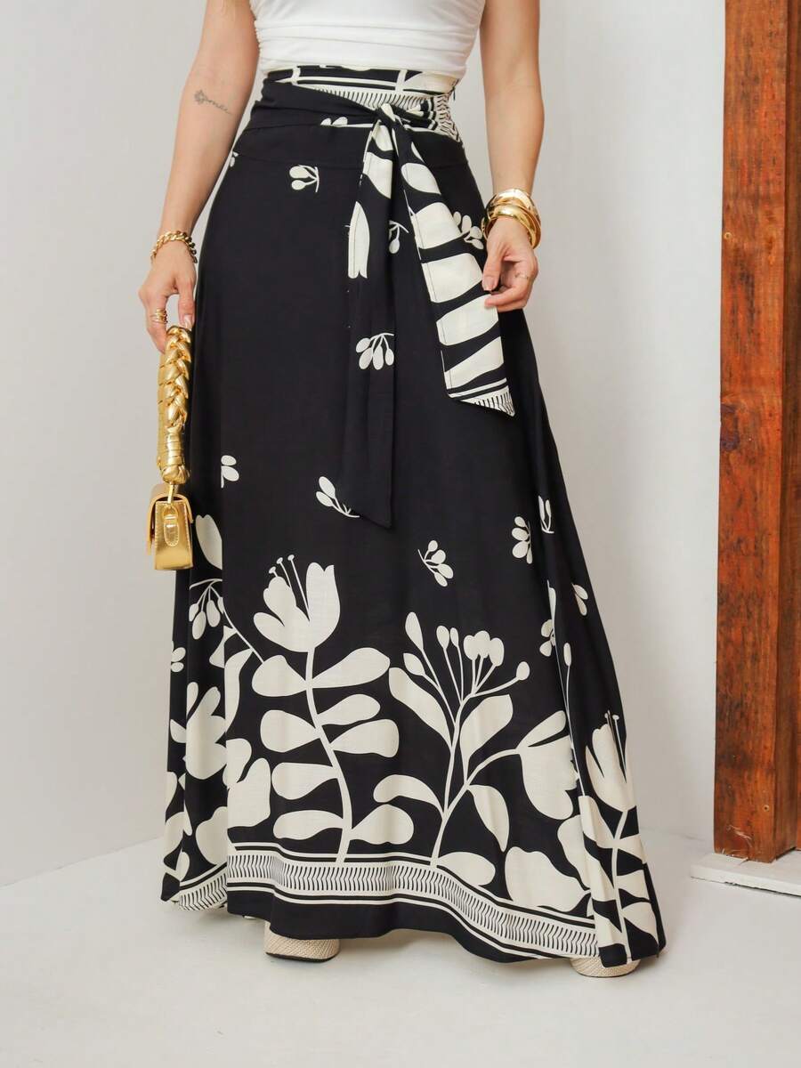 Saia Longa Feminina Floral com Amarração na Cintura