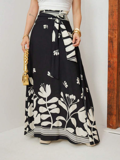 Saia Longa Feminina Floral com Amarração na Cintura