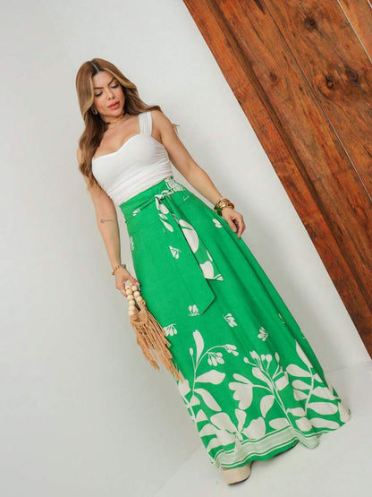 Saia Longa Feminina Floral com Amarração na Cintura