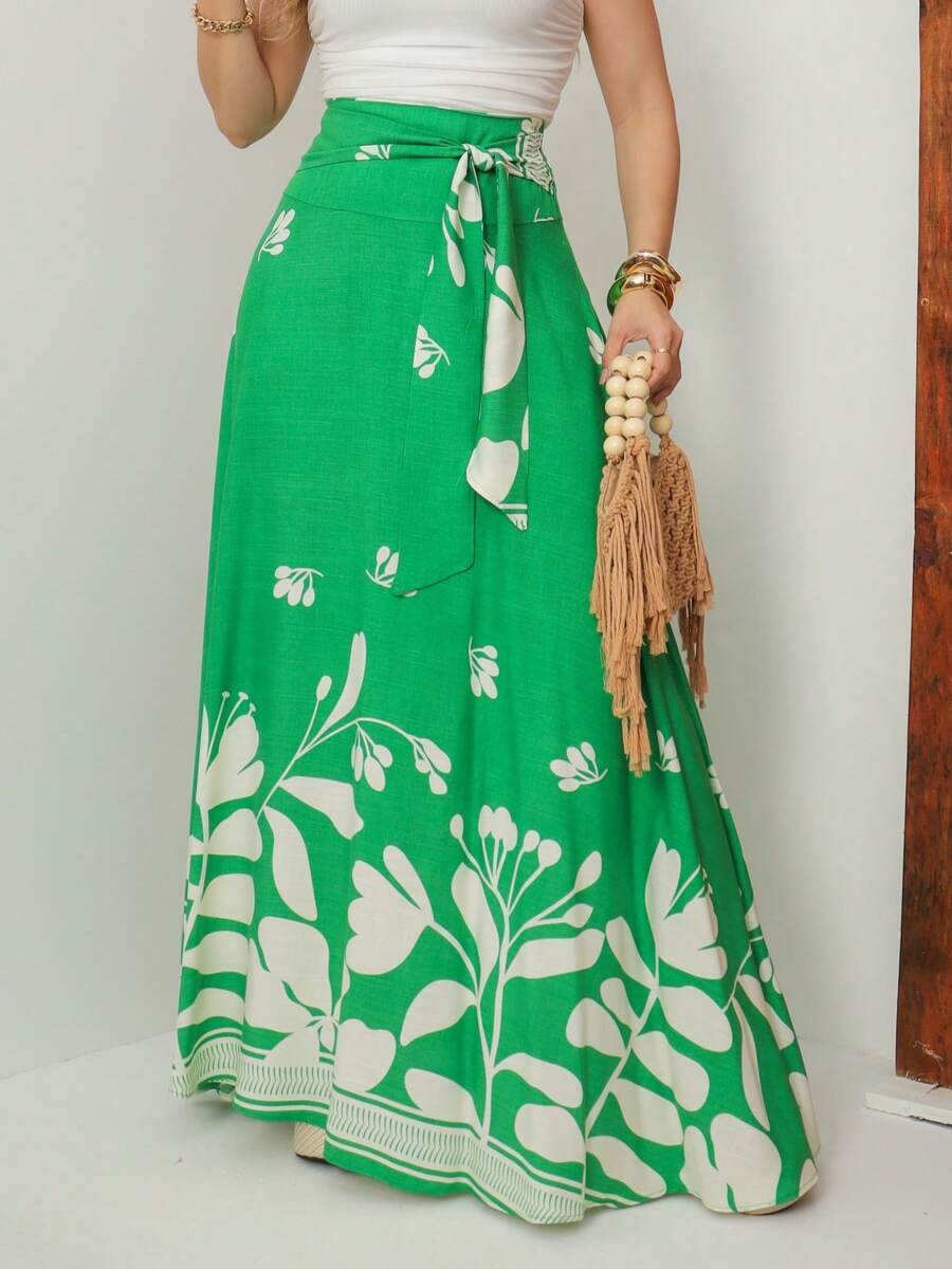 Saia Longa Feminina Floral com Amarração na Cintura