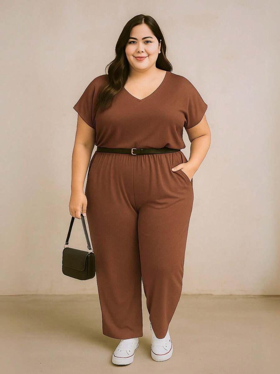 Macacão Plus Size Pantalona Forrado com Manga Curta