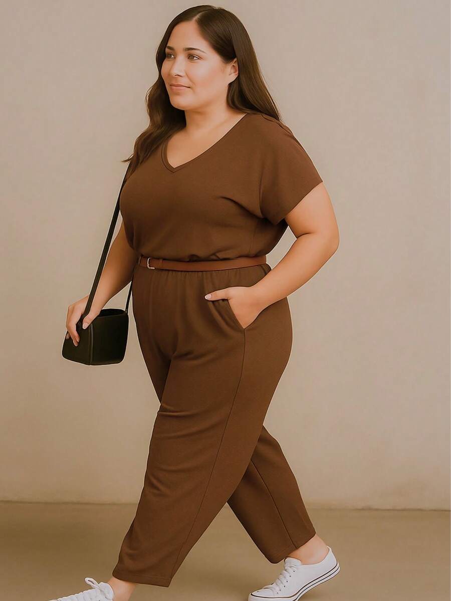 Macacão Plus Size Pantalona Forrado com Manga Curta