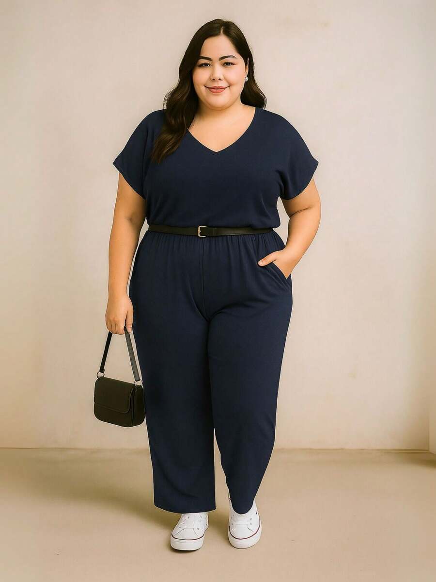 Macacão Plus Size Pantalona Forrado com Manga Curta