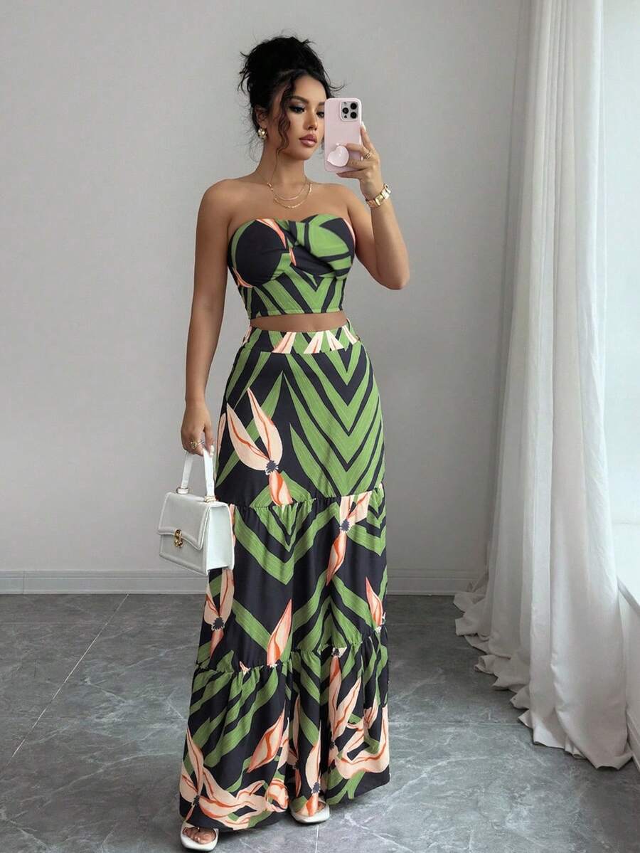 Conjunto Feminino 2 Peças com Cropped e Saia Longa