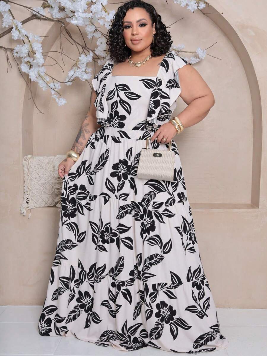 Vestido Plus Size Longo com Alça e Babado no Ombro