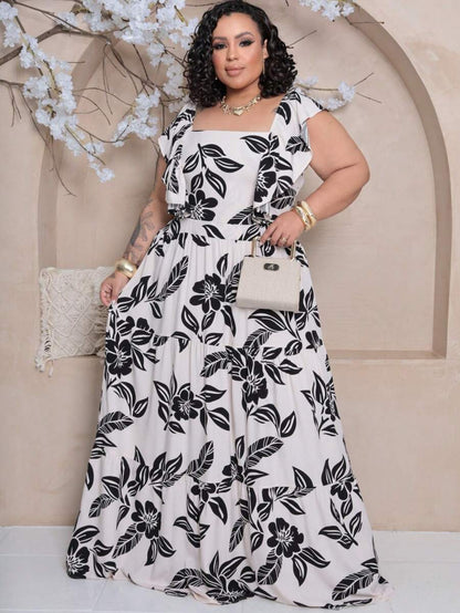 Vestido Plus Size Longo com Alça e Babado no Ombro