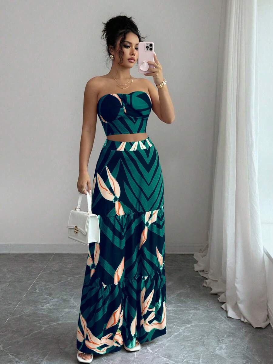 Conjunto Feminino 2 Peças com Cropped e Saia Longa