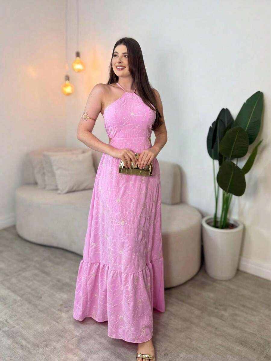 Vestido Feminino Longo Frente Única Estampado com Babado