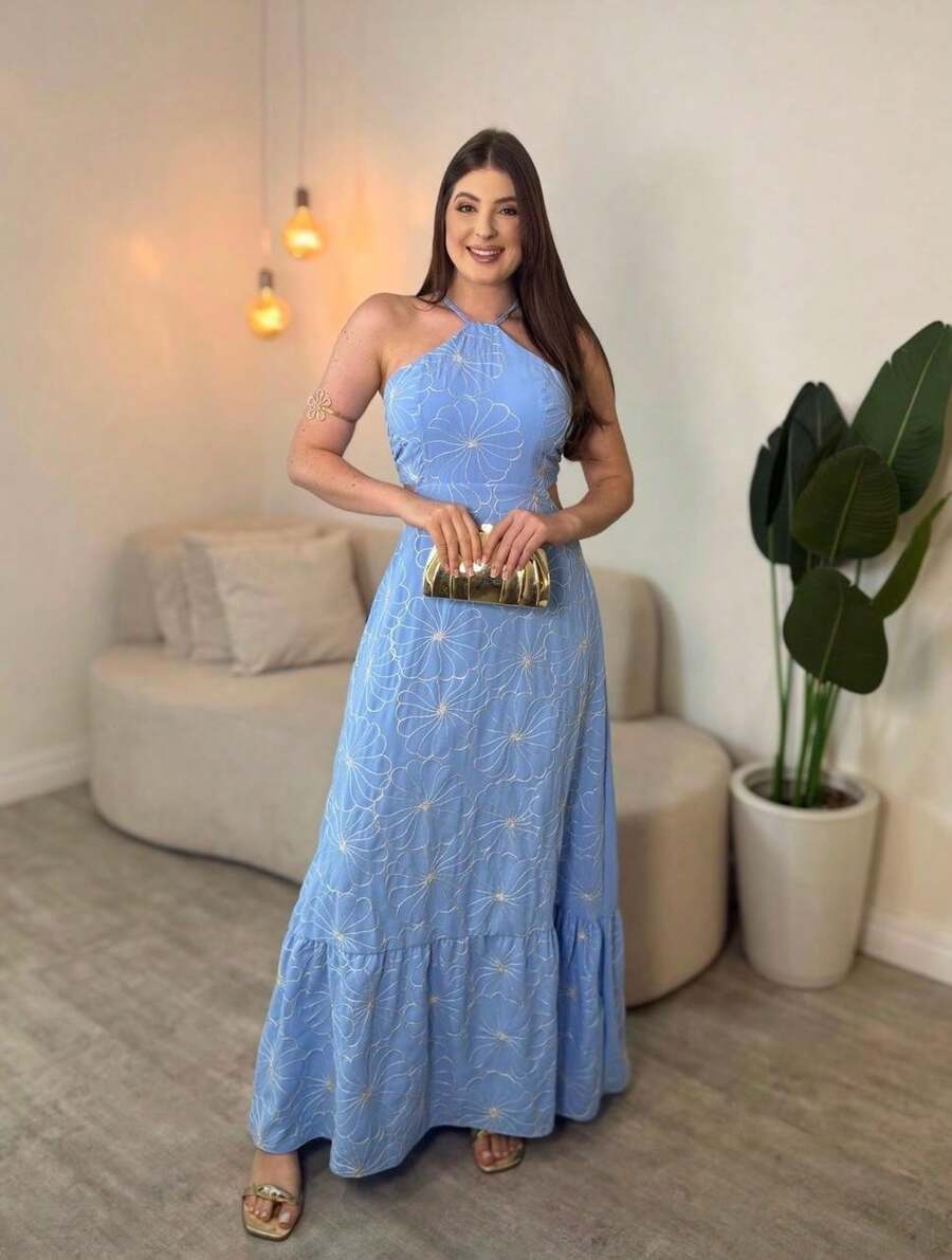 Vestido Feminino Longo Frente Única Estampado com Babado