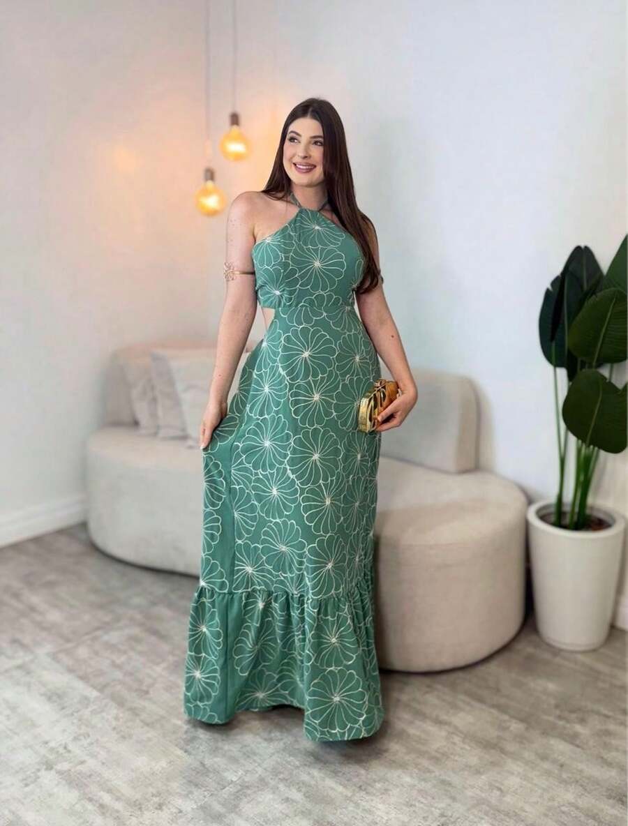 Vestido Feminino Longo Frente Única Estampado com Babado