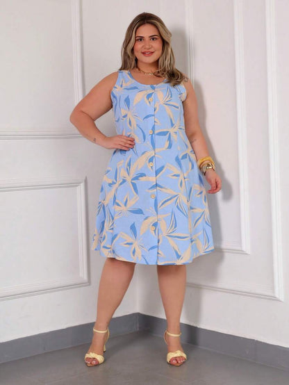 Vestido Plus Size Estampado Regata com Botões