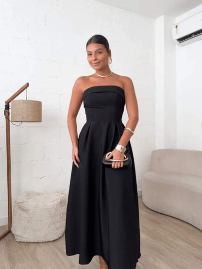 Vestido Feminino Midi Alongado Tomara que Caia em Alfaiataria Premium