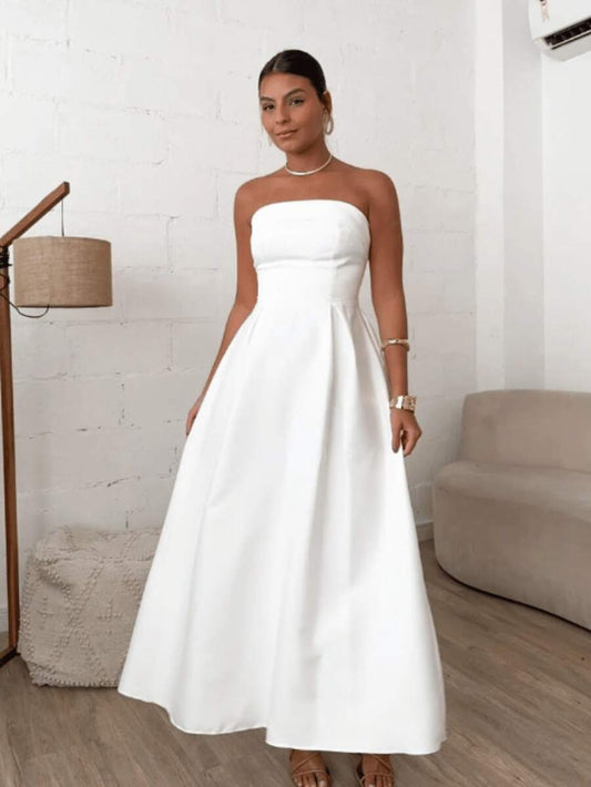 Vestido Feminino Midi Alongado Tomara que Caia em Alfaiataria Premium