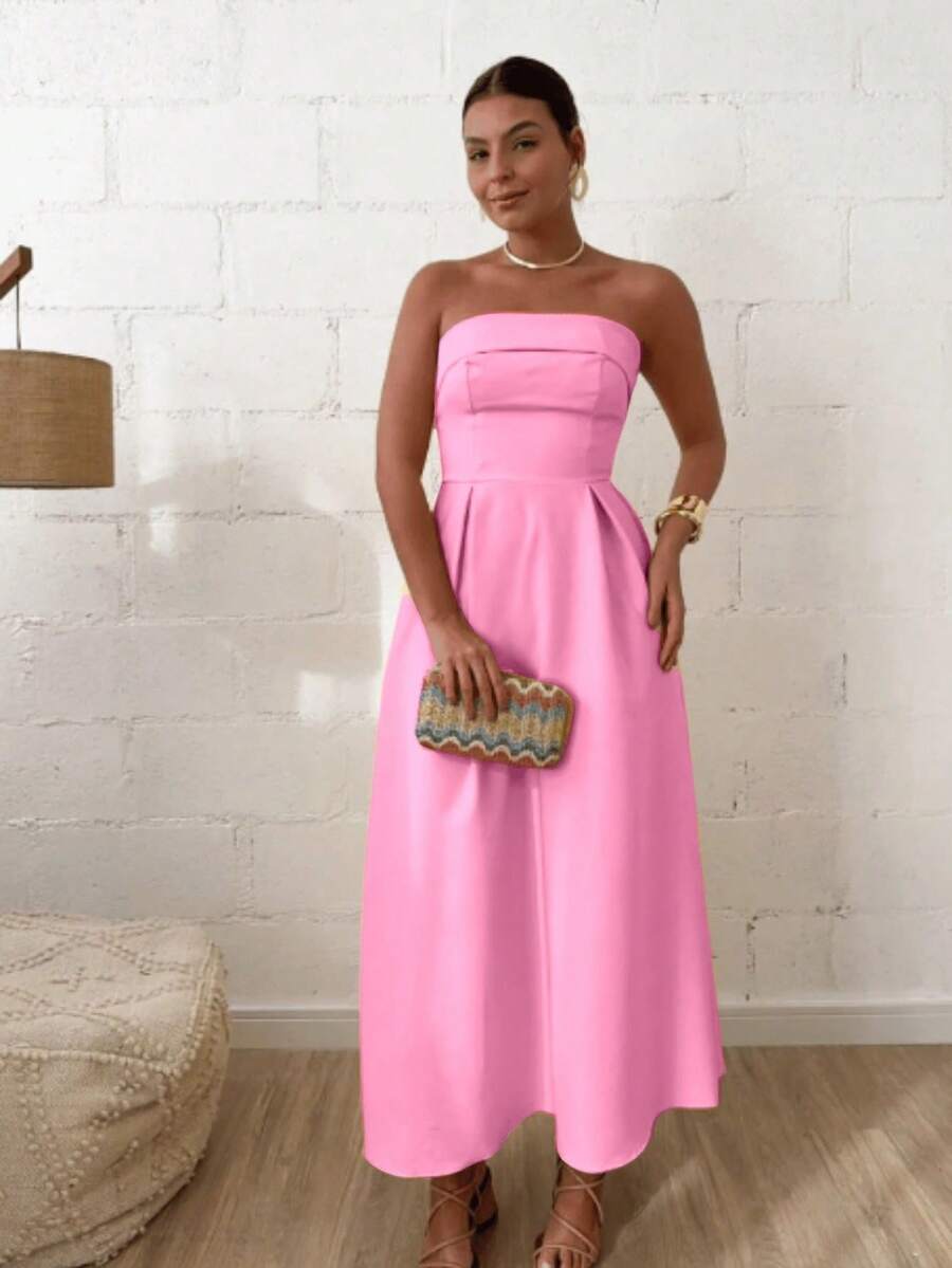 Vestido Feminino Midi Alongado Tomara que Caia em Alfaiataria Premium