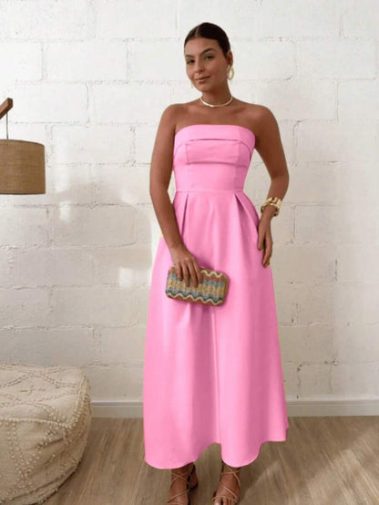 Vestido Feminino Midi Alongado Tomara que Caia em Alfaiataria Premium