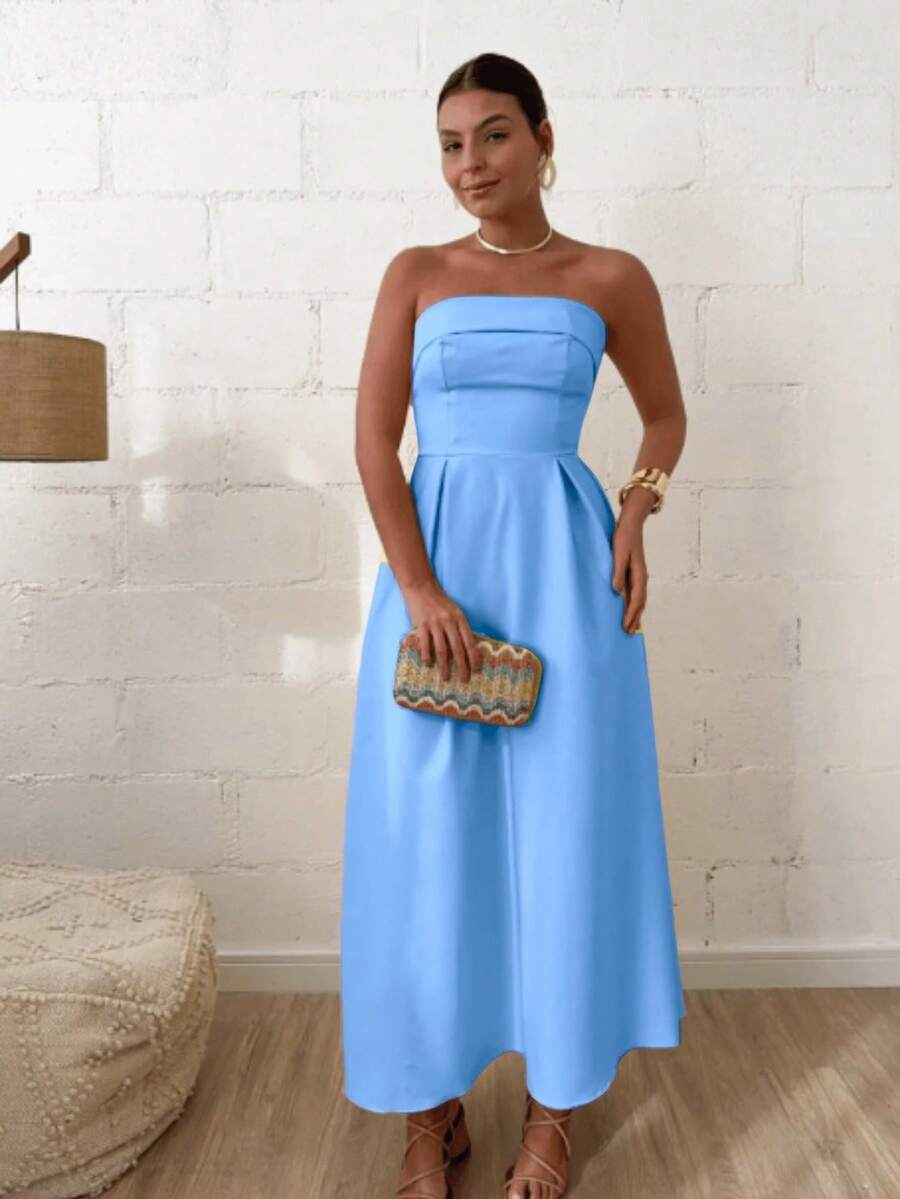 Vestido Feminino Midi Alongado Tomara que Caia em Alfaiataria Premium