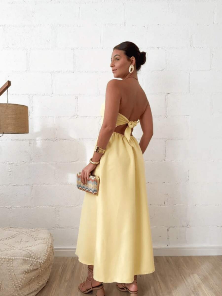 Vestido Feminino Midi Alongado Tomara que Caia em Alfaiataria Premium