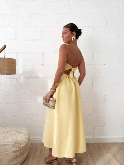 Vestido Feminino Midi Alongado Tomara que Caia em Alfaiataria Premium