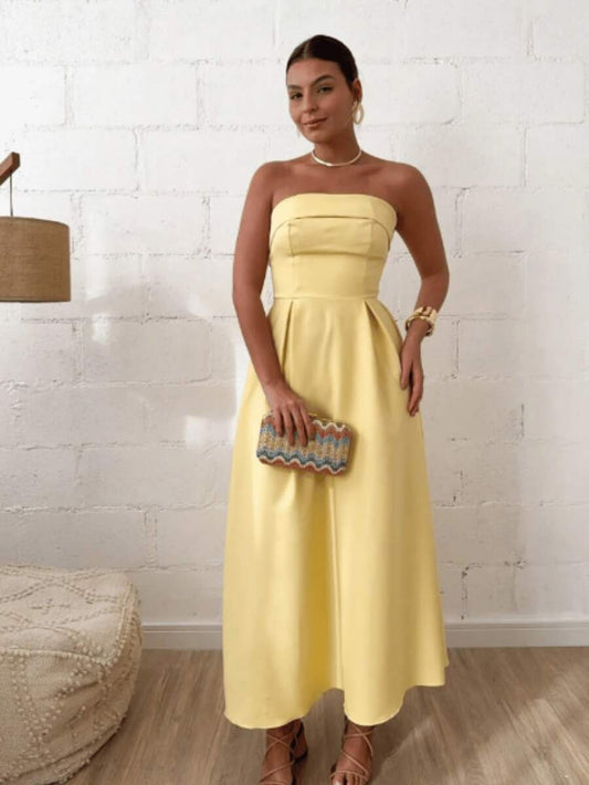 Vestido Feminino Midi Alongado Tomara que Caia em Alfaiataria Premium