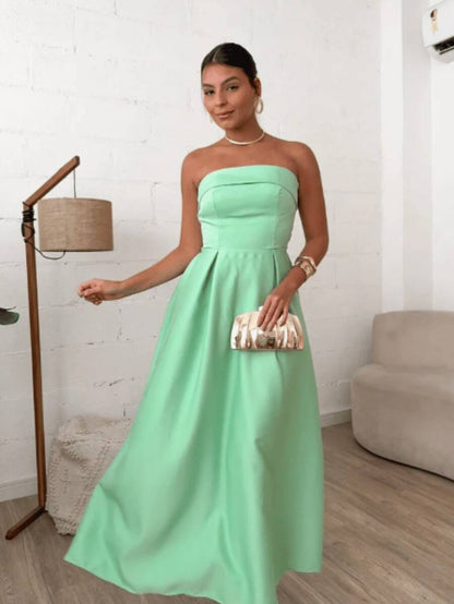 Vestido Feminino Midi Alongado Tomara que Caia em Alfaiataria Premium