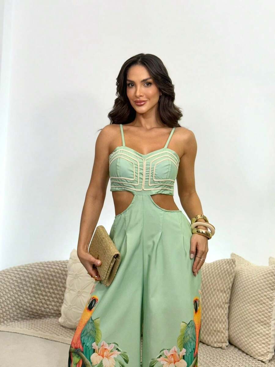 Macacão Feminino Longo Estilo Tropical com Estampa de  Araras