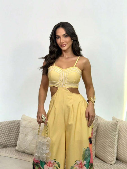 Macacão Feminino Longo Estilo Tropical com Estampa de  Araras