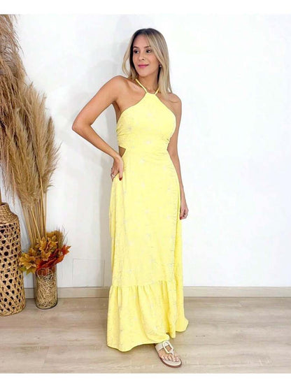 Vestido Feminino Longo Frente Única Estampado com Babado