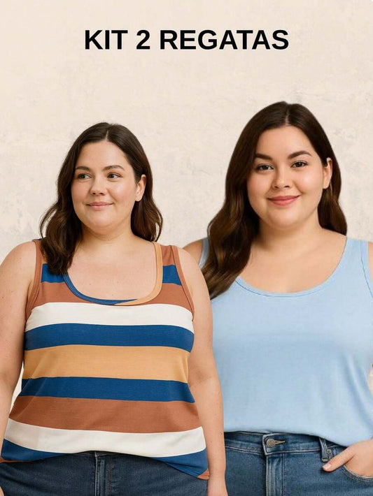 Kit 2 Blusas Regata Feminina Plus Size Listrada