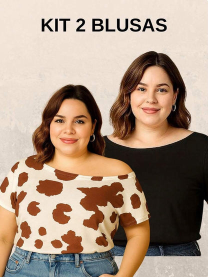 Kit 2 Blusas Femininas Plus Size Manga Curta