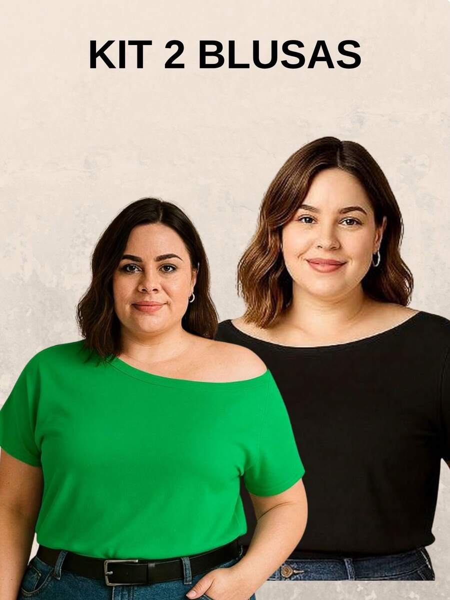 Kit 2 Blusas Femininas Plus Size Manga Curta