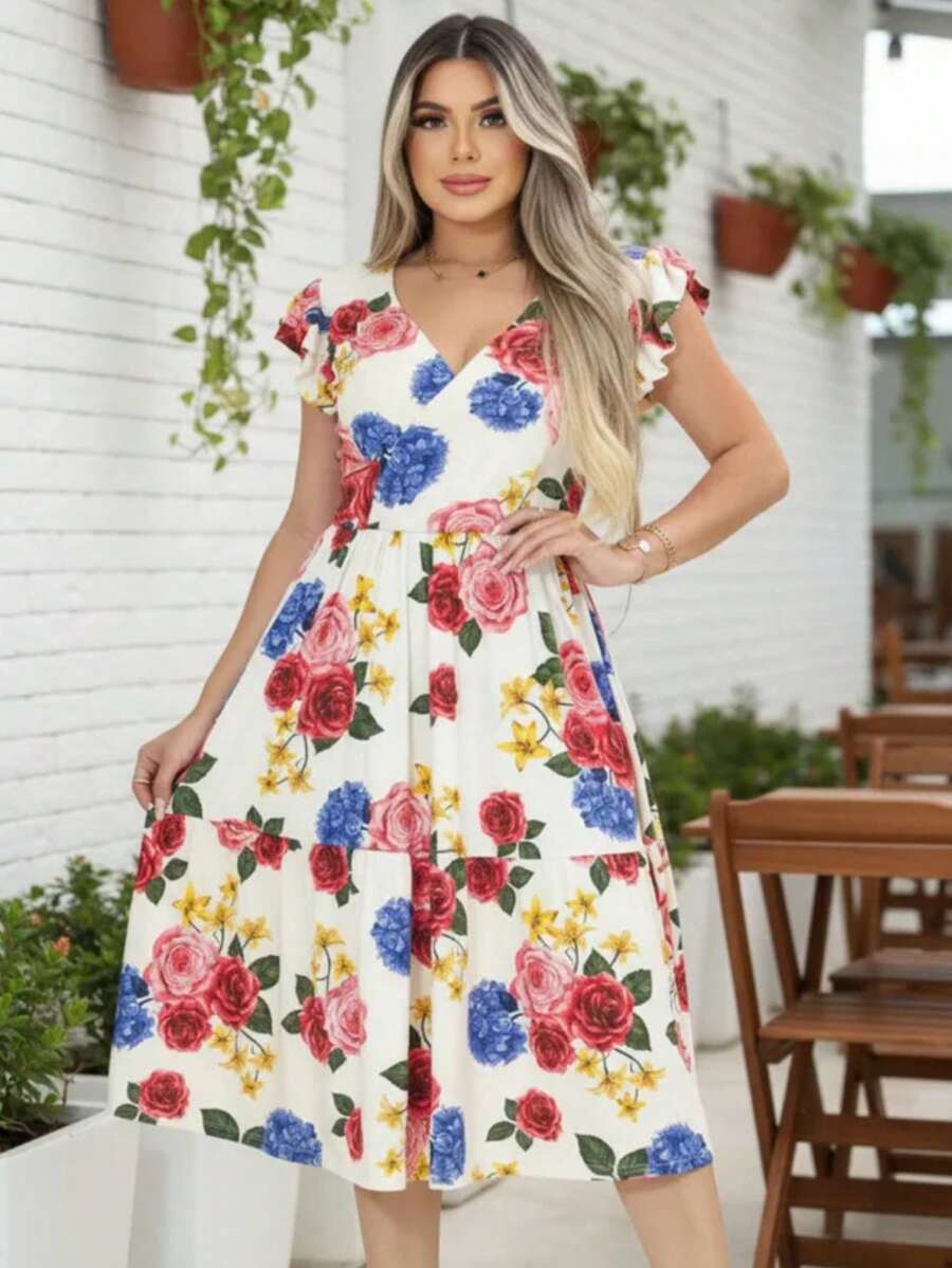 Vestido Feminino Longo com Manga Dupla e Babados