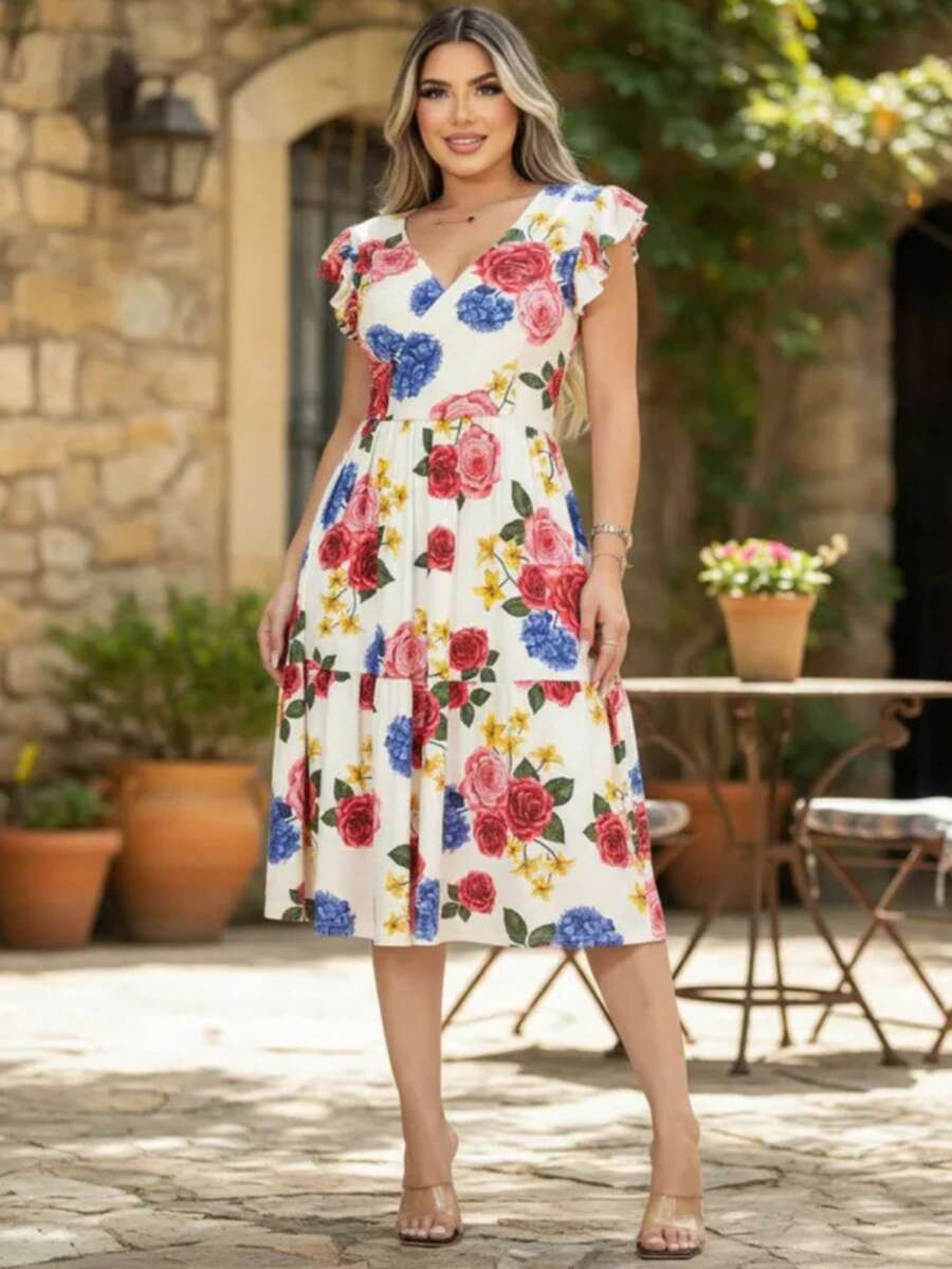 Vestido Feminino Longo com Manga Dupla e Babados