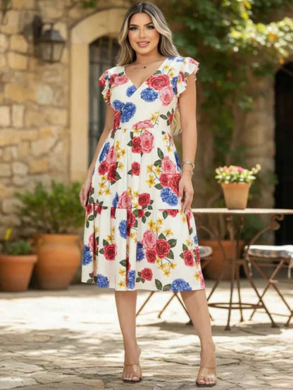 Vestido Feminino Longo com Manga Dupla e Babados