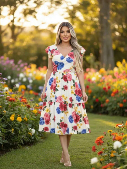 Vestido Feminino Longo com Manga Dupla e Babados