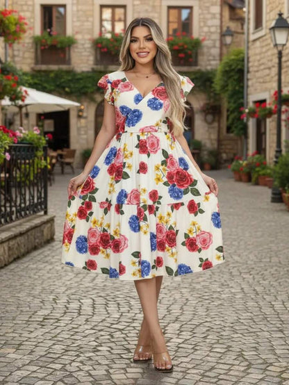 Vestido Feminino Longo com Manga Dupla e Babados