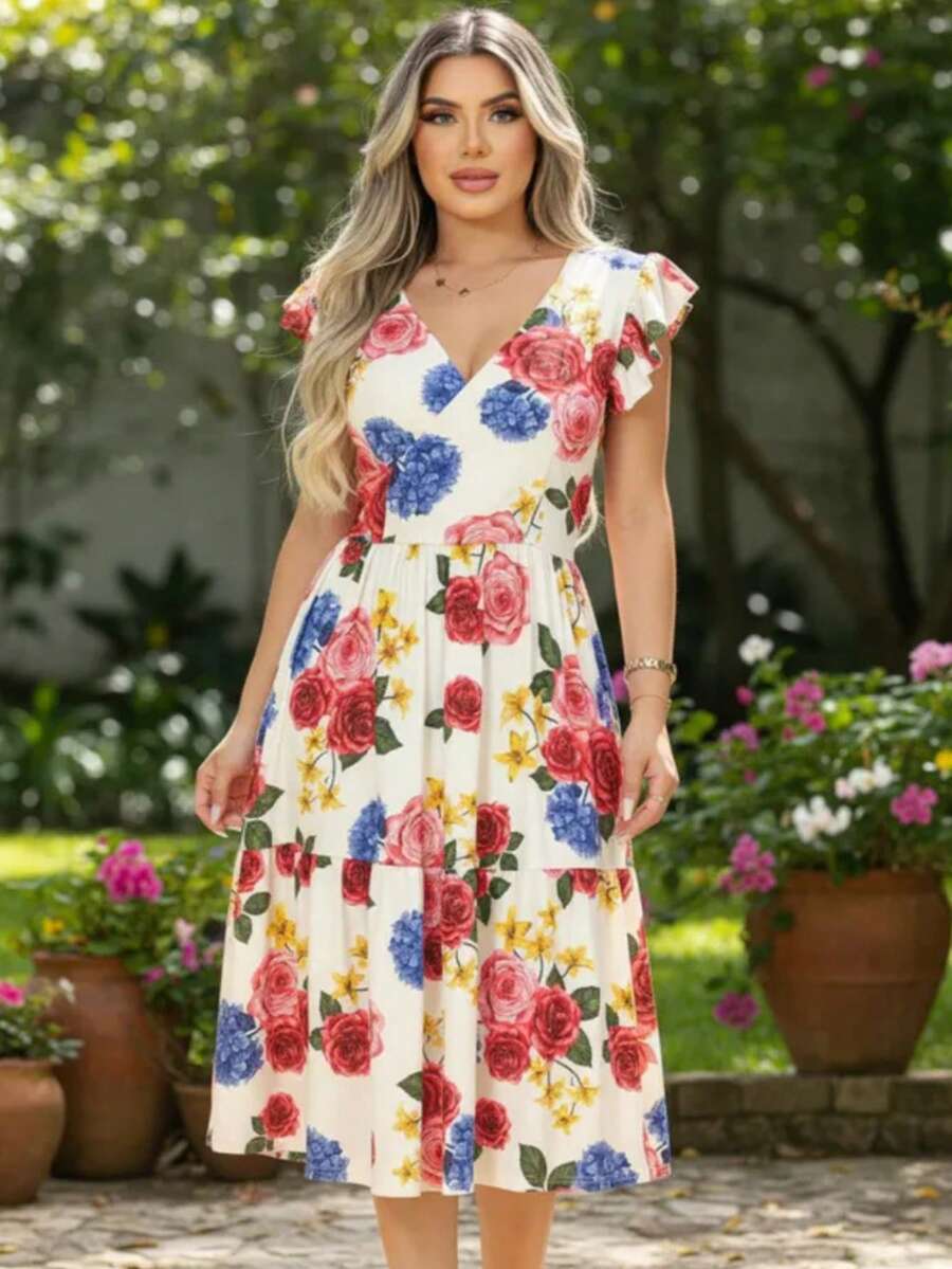 Vestido Feminino Longo com Manga Dupla e Babados